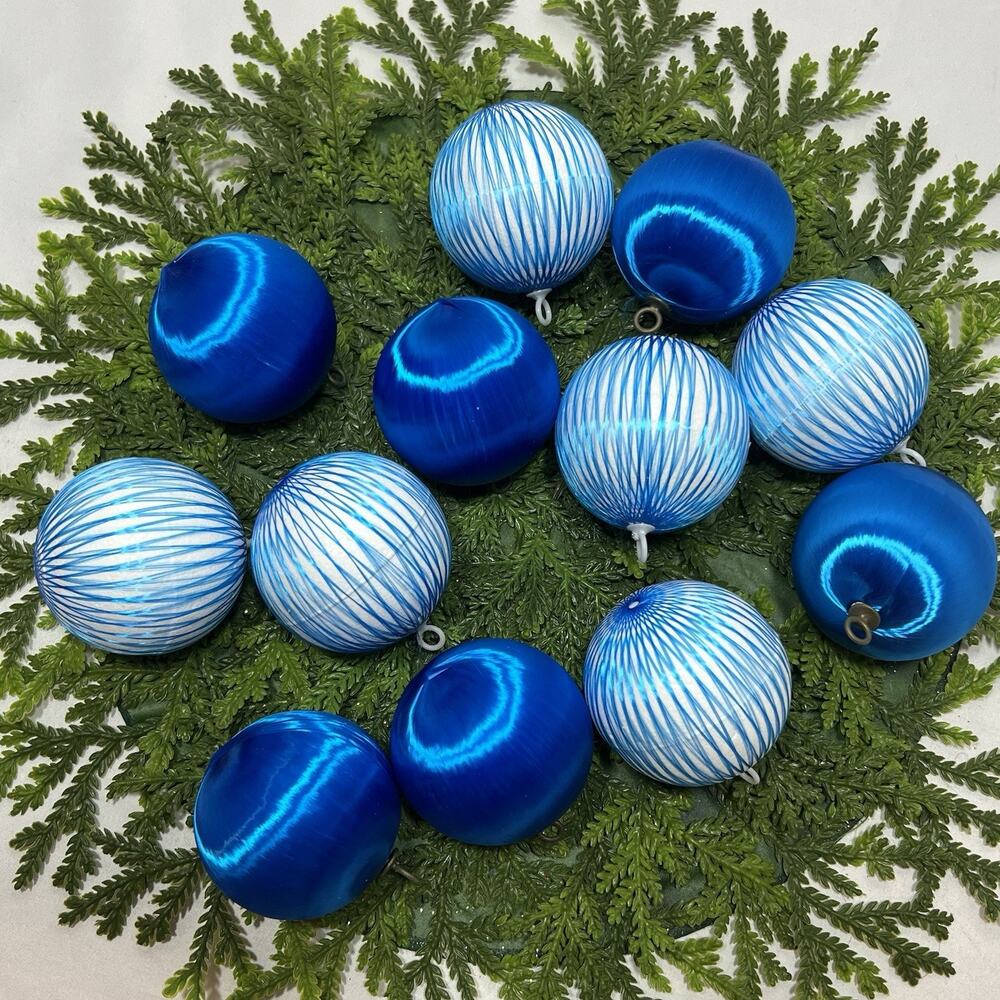 Vintage 12 Blue White Satin Thread Wrapped Styrofoam Christmas Ball Ornaments